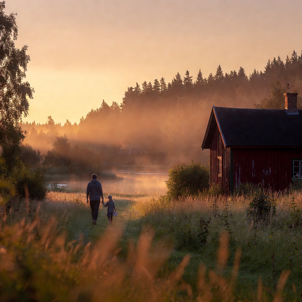 Förälder och barn går hand i hand mot en röd stuga i ett svenskt landskap vid gyllene timmen
