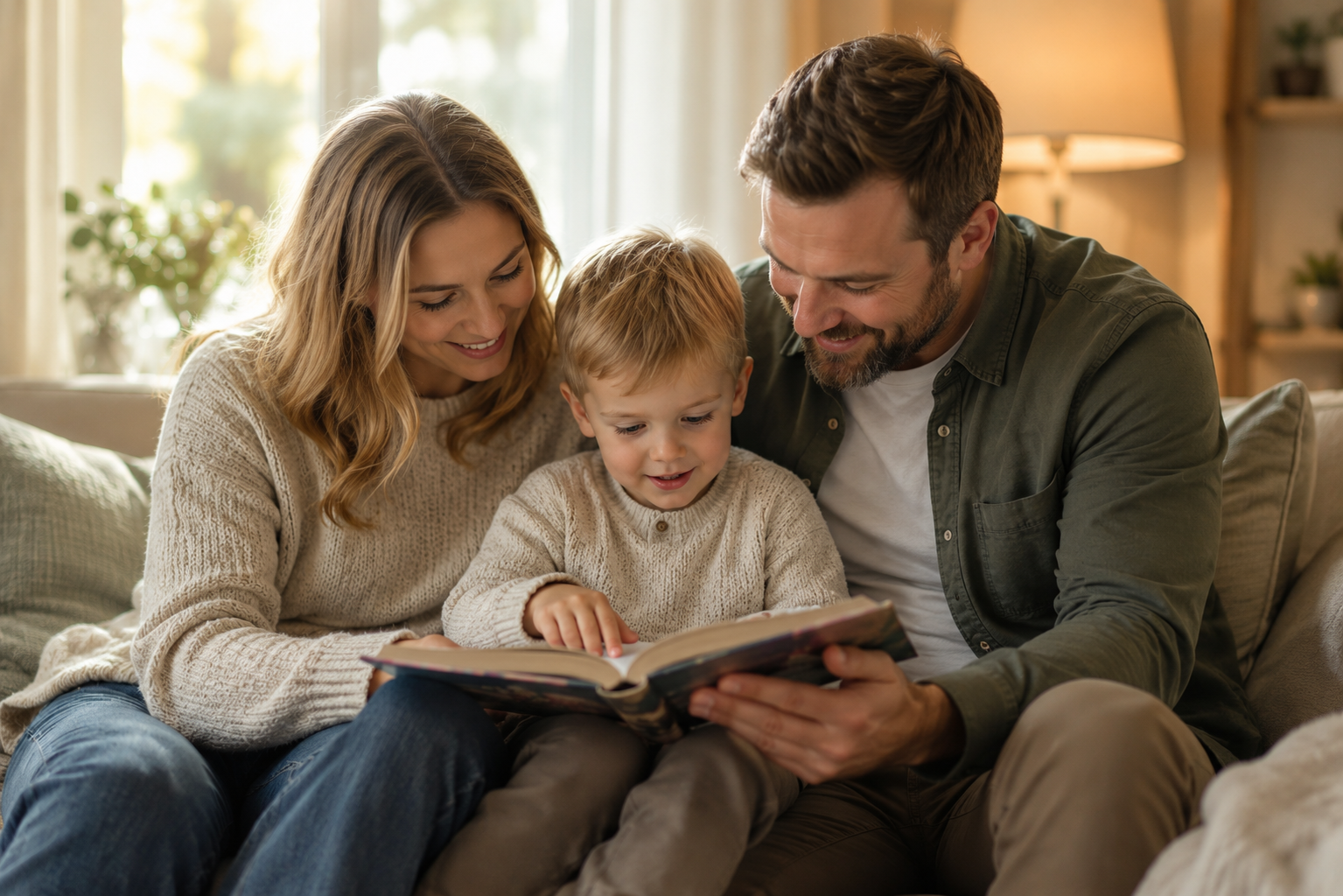 Mamma, pappa och litet barn sitter tillsammans i soffan hemma och läser en bok